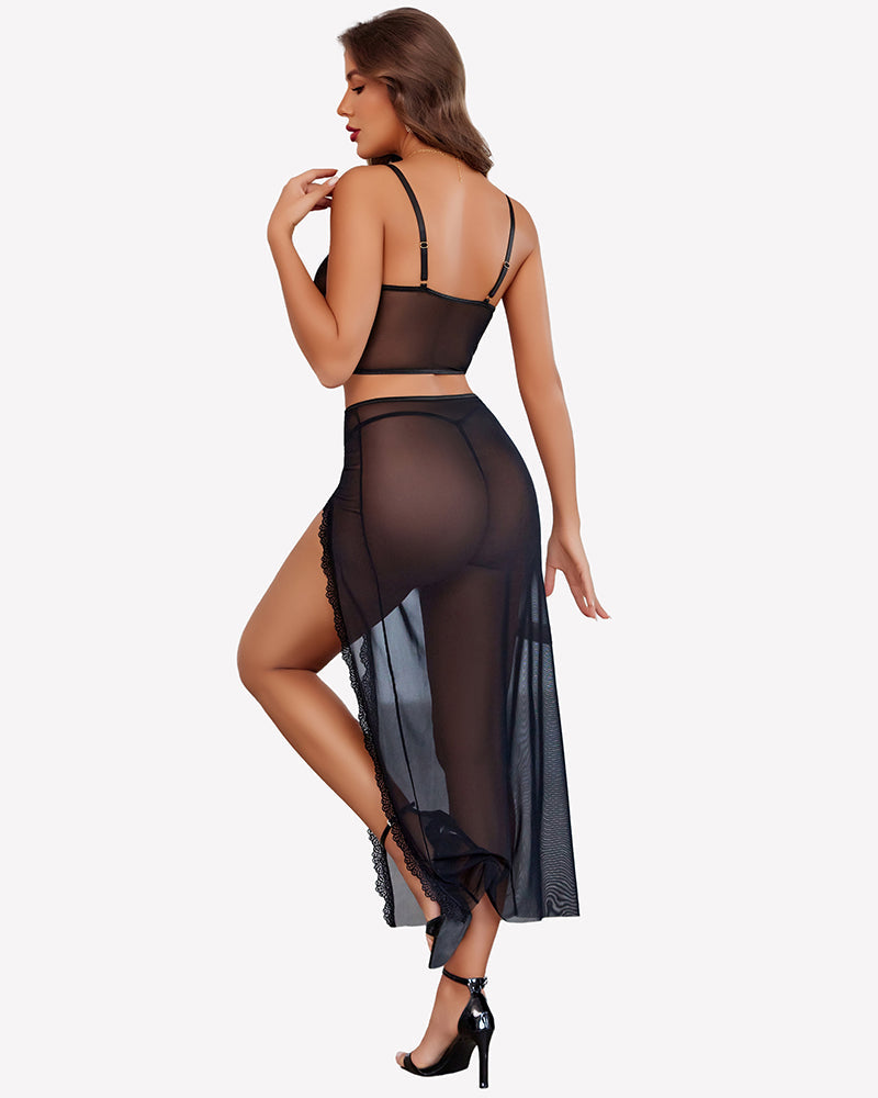 3 Pieces Set - Lace Long Nightgown with Side Split