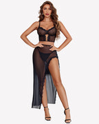 3 Pieces Set - Lace Long Nightgown with Side Split