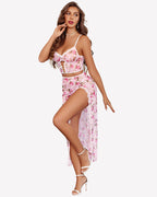 3 Pieces Set - Lace Long Nightgown with Side Split