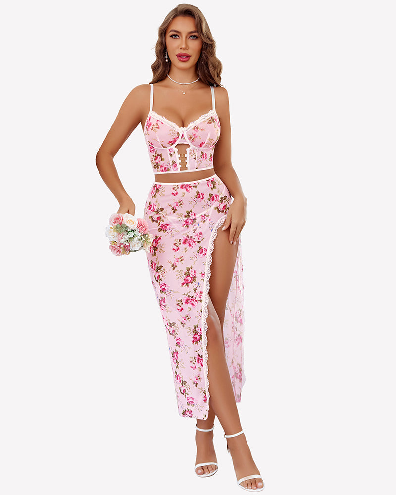 3 Pieces Set - Lace Long Nightgown with Side Split