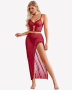 3 Pieces Set - Lace Long Nightgown with Side Split