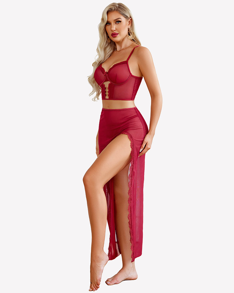 3 Pieces Set - Lace Long Nightgown with Side Split