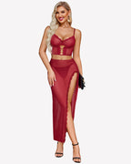 3 Pieces Set - Lace Long Nightgown with Side Split
