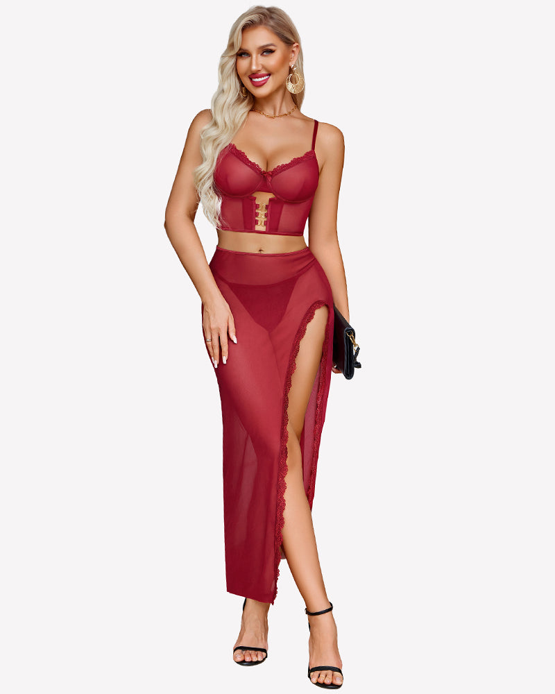 3 Pieces Set - Lace Long Nightgown with Side Split