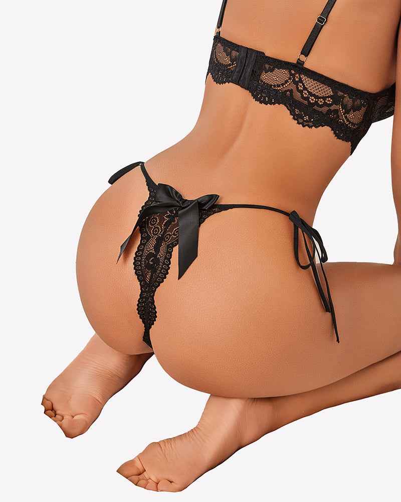 Floral Lace Tangas With Bow And Pearl