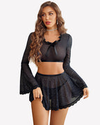 Sparkly Sheer Mesh 3 Piece Bell Sleeve Crop Top with Mini Skirt
