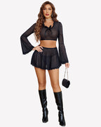 Sparkly Sheer Mesh 3 Piece Bell Sleeve Crop Top with Mini Skirt