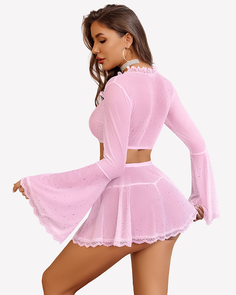 Sparkly Sheer Mesh 3 Piece Bell Sleeve Crop Top with Mini Skirt