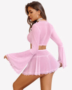 Sparkly Sheer Mesh 3 Piece Bell Sleeve Crop Top with Mini Skirt