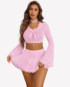 Sparkly Sheer Mesh 3 Piece Bell Sleeve Crop Top with Mini Skirt