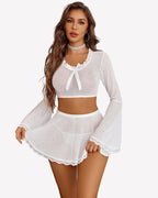 Sparkly Sheer Mesh 3 Piece Bell Sleeve Crop Top with Mini Skirt