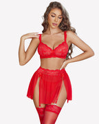 3 Piece Garter Lace Bra and Skirt Set