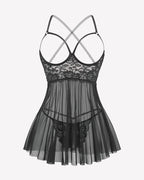 3 Piece Set Mesh Cupless Babydoll, Robe with Panties