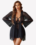 3 Piece Set Mesh Cupless Babydoll, Robe with Panties