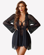 3 Piece Set Mesh Cupless Babydoll, Robe with Panties