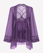 3 Piece Set Mesh Cupless Babydoll, Robe with Panties