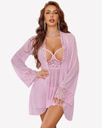 3 Piece Set Mesh Cupless Babydoll, Robe with Panties