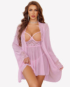 3 Piece Set Mesh Cupless Babydoll, Robe with Panties