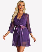 Lace Bra and Silk Satin Shorts with Mesh Robe