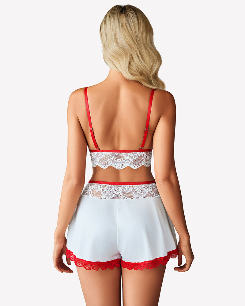 Lace Bra and Silk Satin Shorts with Mesh Robe
