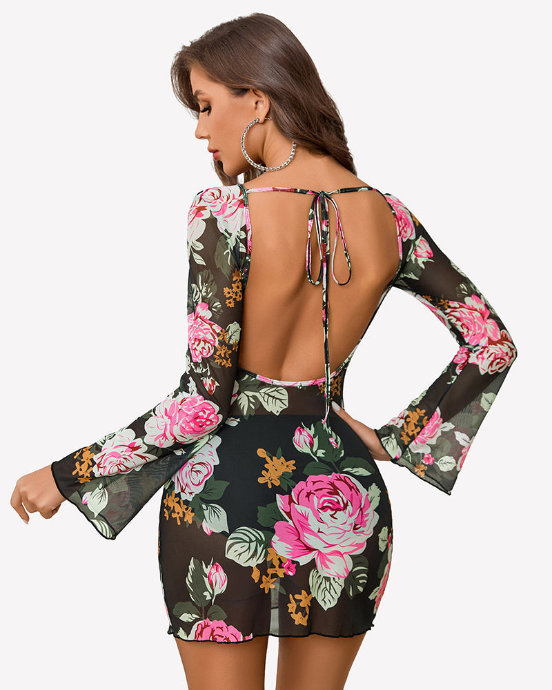 Mesh Backless Bell Sleeve Mini Dresses