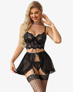 Garter Bralette Open Front Mini Skirt with G-String