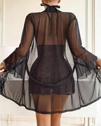 3 Piece Mesh Kimono Robe with Lace Babydoll