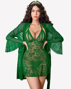 3 Piece Mesh Kimono Robe with Lace Babydoll