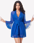 3 Piece Mesh Kimono Robe with Lace Babydoll