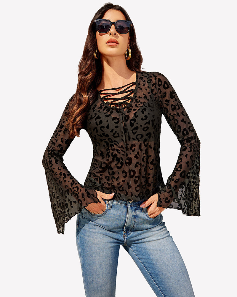 Bell Sleeve Criss Cross V Neck Tops