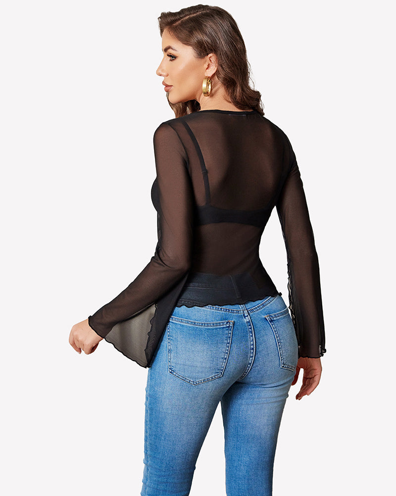 Bell Sleeve Criss Cross V Neck Tops