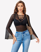 Bell Sleeve Criss Cross V Neck Tops