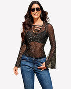 Bell Sleeve Criss Cross V Neck Tops
