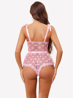 Heart Sheer Mesh Lace Bodysuit with Belt