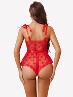 Heart Sheer Mesh Lace Bodysuit with Belt