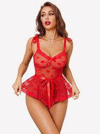 Heart Sheer Mesh Lace Bodysuit with Belt