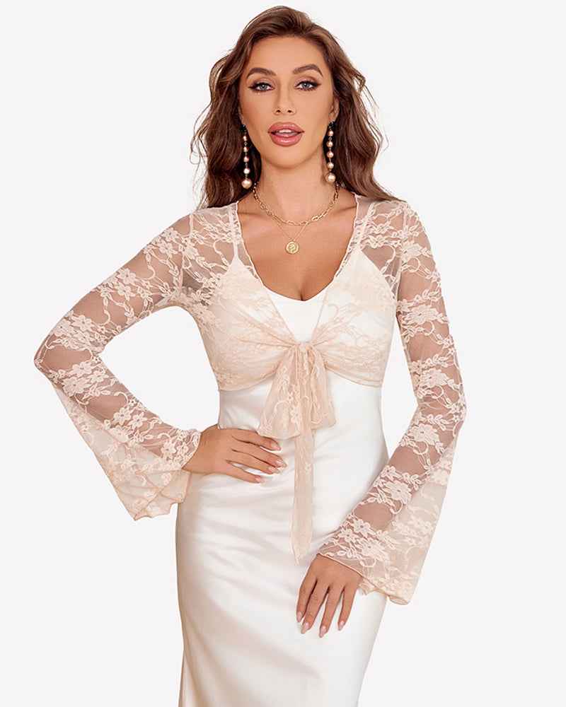 Crop Lace Shrug Bell Sleeve Tie Front Top