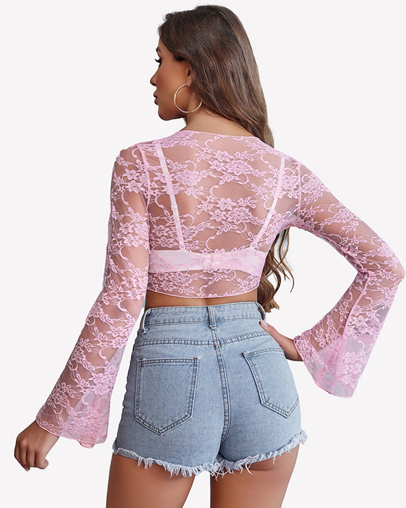 Crop Lace Shrug Bell Sleeve Tie Front Top