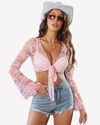 Crop Lace Shrug Bell Sleeve Tie Front Top