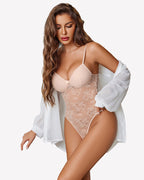 Lace Bodysuit Deep V Snap Crotch One Piece