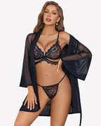 3 Piece Set Sheer Mesh Robe with Lace Bra and Thong