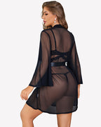 3 Piece Set Sheer Mesh Robe with Lace Bra and Thong