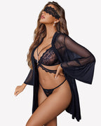 3 Piece Set Sheer Mesh Robe with Lace Bra and Thong