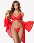 3 Piece Set Sheer Mesh Robe with Lace Bra and Thong