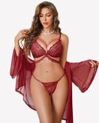 3 Piece Set Sheer Mesh Robe with Lace Bra and Thong