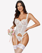 Underwire Corset and Panty Embroidered with Garter Belt