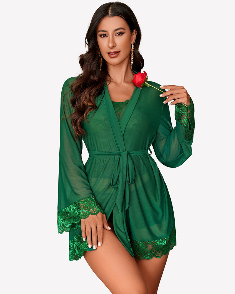 3 Piece Lingerie Set Floral Lace Cami with Robe