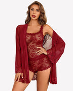 3 Piece Lingerie Set Floral Lace Cami with Robe