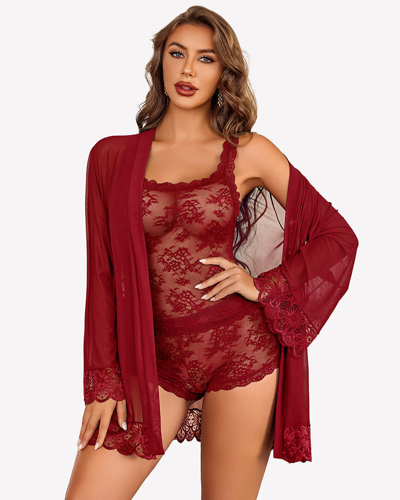 3 Piece Lingerie Set Floral Lace Cami with Robe