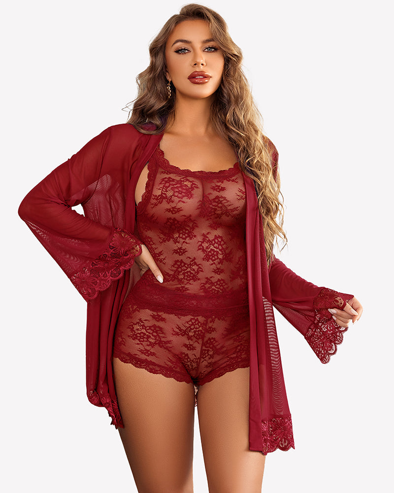 3 Piece Lingerie Set Floral Lace Cami with Robe